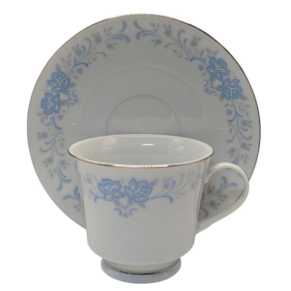 Vintage China‎ Teacup and Saucer Footed Blue and Gray Floral Platinum Edge